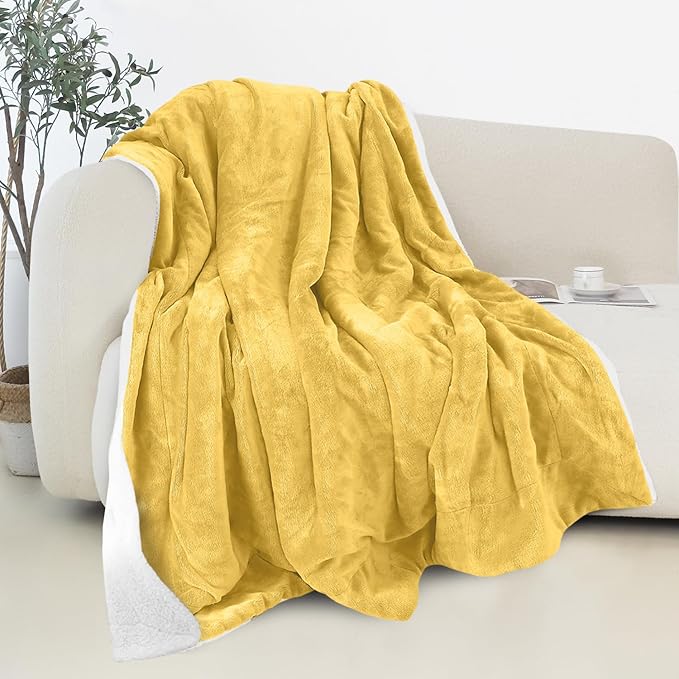 Elegant Comfort Reversible and Ultra-Plush Flannel Fleece Sherpa Throw- Lightweight Soft and Cozy- All Season Decorative Throw, Perfect for Lounging, 50 x 60 inches, Yellow