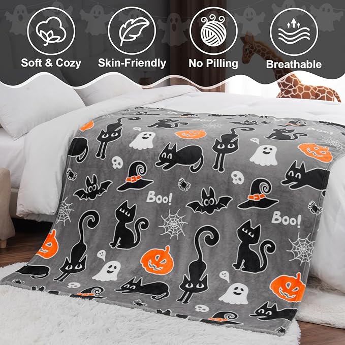 Halloween Decorations Blanket Gifts for Kids - Pumpkin Spooky Bat Cat Glow in The Dark Soft Throw Toys Presents for Boys Girls Toddler Child Teen Bedroom Couch Sofa Decor 50"x60"