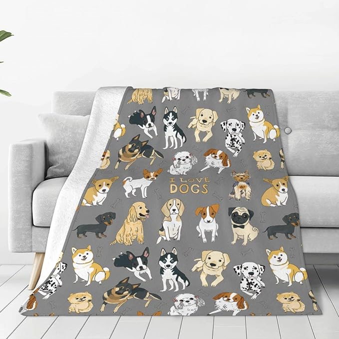 Cute Kids Dogs Puppies Print Blanket Throw 50"x40", Plush Flannel Blankets with Dogs on It, Gifts for Boys Girls Dog Lovers People