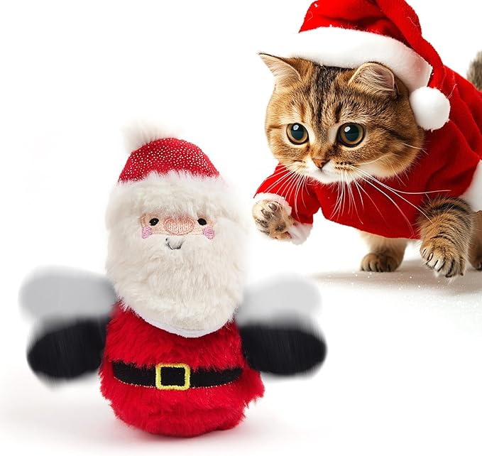Interactive Christmas Cat Toys, Flapping Santa Clause Cat Toys, Lifelike Bird Chirp, USB Rechargeable Catnip Toy for Bored Indoor Cats Chase Exercise, 3 Modes