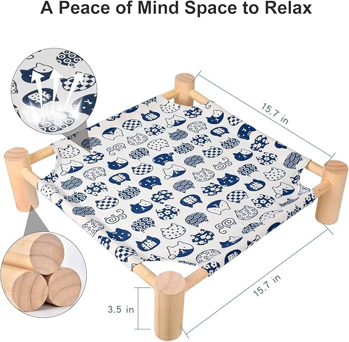 TUSATIY Cat Wooden Hammock Bed, Pine Wood, Elevated Pet Sleeping, Breathable, Removable, Washable, Anti-Moisture, Stable Support, 39 lbs