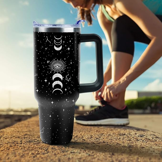 40 oz Tumbler with Handle and Straw, Stainless Steel Insulated Cup with Leak Proof Lid and Straw Lid, Keep Drinks Cold and Hot for Hours(Sun Moon)