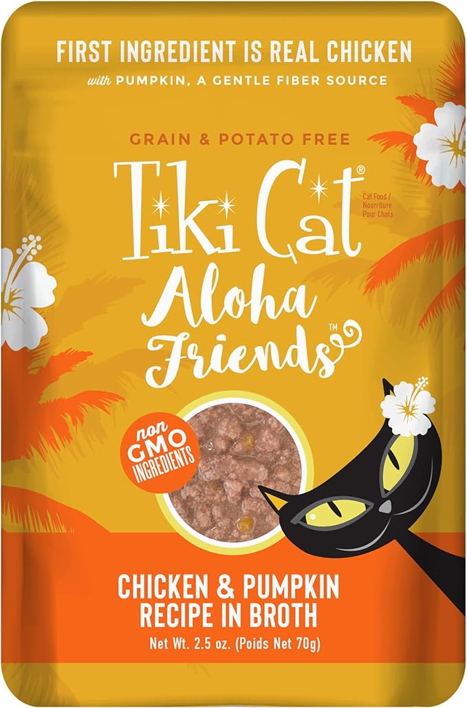 Tiki Cat Aloha Friends, Chicken & Pumpkin, Grain-Free & High Moisture, Wet Cat Food for All Life Stages 2.5 oz. Pouch (Pack of 12)
