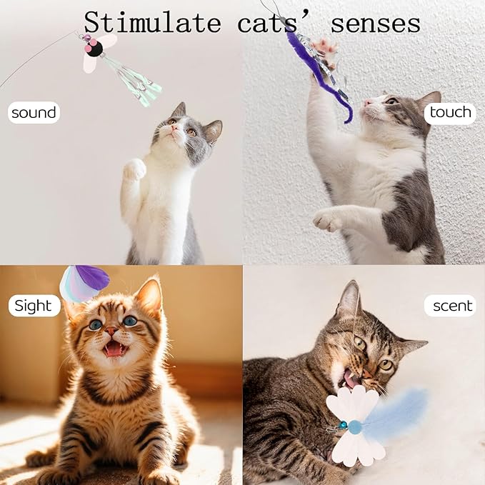 8 Pieces Cat Insect Feather Toys Replacement Cat Toy Wand Refills Interactive Cat Teaser Wand Attachments with Bell for Cat Toys