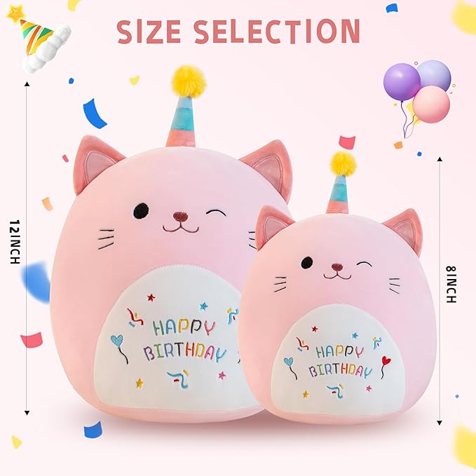 Cute Cat Plush Stuffed Animal - Soft Birthday Gift Plushie Pillow Decor, Pink, 8 Inch