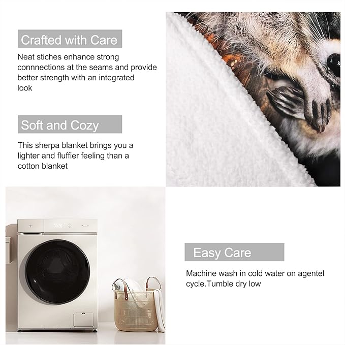 Raccoon Sherpa Blanket, Animal Print Fleece Throw Blankets for Couch Sofa Bed, Super Soft Warm and Lightweight, 50" x 60"
