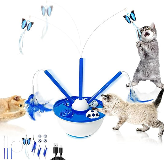 Cat Toys 4 in 1 Automatic Interactive Kitten Toy, Fluttering Butterfly, Moving Feathers, Bell Balls, USB Powered, Cat Exercise Toy Self Play for Bored Indoor Adult Cats
