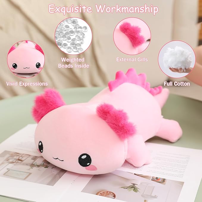 SQEQE Weighted Axolotl Plush, Weighted Axolotl Stuffed Animal, Cute Plushies Soft Pink Pillow Toy Gift for Kids Adults 23.6 Inch, 3.1 Lbs