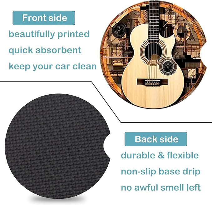 Car Coasters for Cup Holders,2 Pack Guitar Car Coasters,2.75" Universal Size Anti Slip Rubber Mat,Automotive Cup Holder Decal Decor Accessories,Guitar Gifts for Women,Men,Mom