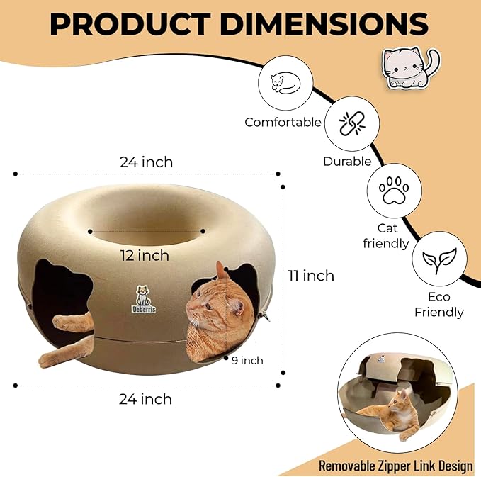 Peekaboo Cat Tunnel Bed - Large, Scratch-Resistant Donut Cave for Indoor Cats Up to 30-45 lbs, Detachable & Washable Design, Perfect Cozy Play & Rest Spot for Multiple Cats and Small Dogs