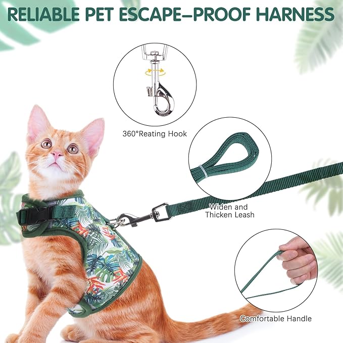 BINGPET Cat Harness and Leash Set Escape Proof for Walking,Step-in Harness with Lightweight Soft Breathable Mesh,Adjustable Easy Control Harness (Emerald Hues, M(Chest:10.5-13.5"))