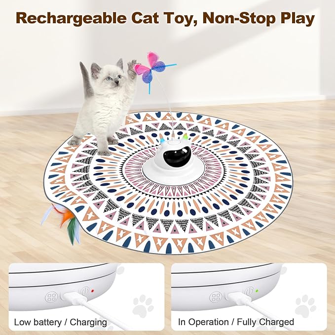 Cat Toys Interactive Rechargeable 2in1 Hide and Seek Cat Wand Toy, Spinning Butterfly Touch Activated Kitten Toys for Bored Indoor Cat Exercise Toy for Senior Cats, Adult Cats