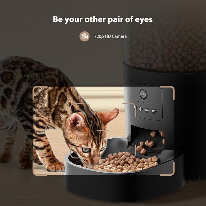 Automatic Cat Feeder with Camera, APP Remote Control, Programmable Cat Food Dispenser, 2-Way Audio, Timed Cat Feeders for Dry Food, 1-8 Meals Per Day for Pets, 10s Voice Recorder(Support 2.4GHz WiFi)