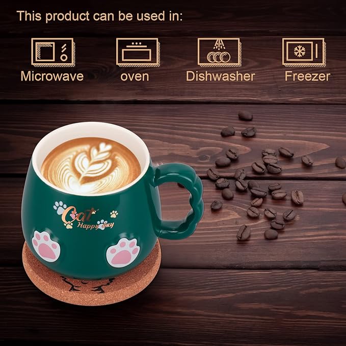 Bgbg Cat Mug Cute Ceramic Coffee Cup with Lovely Kitty Lid, Kawaii Cat Claw Spoon, Anime Cat Coaster, Novelty Cat Things Birthday Christmas Mug Gift for Cat Lovers 400ML