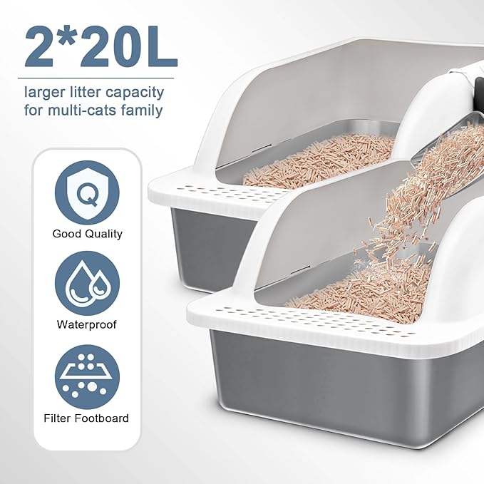 2 Pack Stainless Steel Cat Litter Box, XL Extra Large Cat Litter Box with Lid, Cat Litter Box High Sided, Easy to Clean, Enclosed Metal Cat Litter Pan for Multiple Cats(Grey Coated)