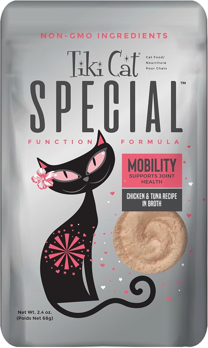 Tiki Cat Special Mobility Mousse, Chicken & Tuna Recipe in Broth, Formulated to Support Healthy Joints, Functional Wet Cat Food, 2.4 oz. Pouches (12 Count)