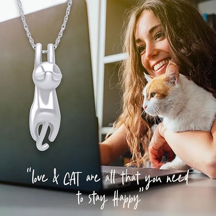 AFFY 925 Sterling Silver Cat Necklace for Women - Jewelry Gift for Cat Lovers - Flying Hanging Cat Pendant Collarbone Necklace