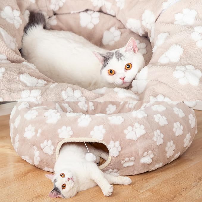 LUCKITTY Cat Tunnel Bed for Indoor Cats - Round Cat Tunnel Bed Donut Small Dog Bed Calming Pet Beds, Cute Modern Beds with Jacquard Shaggy Plush & Anti Slip Bottom, Khaki