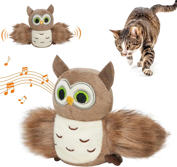 Cat Toys for Indoor Cats, Flapping Bird Cat Toy, Electric Simulated Chirping Bird Interactive Cat Toy with Flappy Wings, Rechargeable Touch Activated Cat Toys with Catnip and Feather - Owl