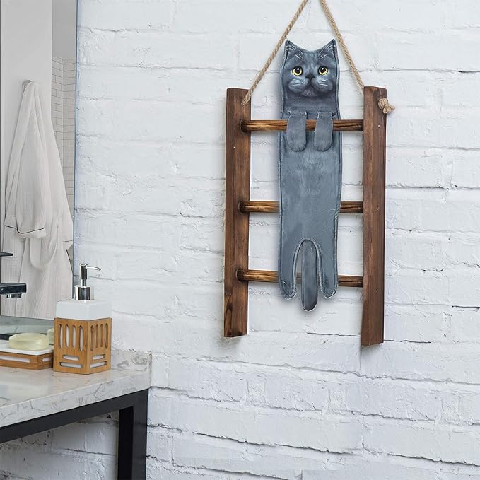 PAT JUUMG Funny Hand Towels for Bathroom Kitchen Decor, Cute Decorative Hanging Face Towels, Super Absorbent Soft, Housewarming Gift, Cat Lovers Gifts for Women (Blue Cat)