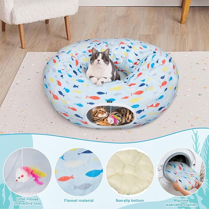 Ownpets Large Cat Tunnel Bed for Indoor Cats, Soft Plush Cat Donut Tunnel with Washable Cushion, Cute Peekaboo Cat Cave for Cat, Puppy, Rabbit, Blue