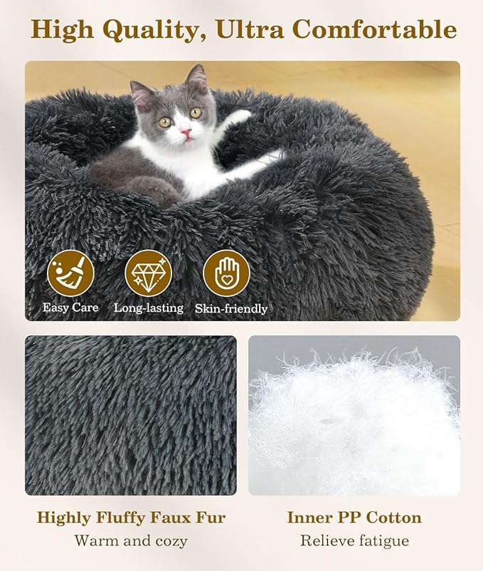 Round Dog Bed for Small Dogs, Donut Cuddler Plush Cat Calming Bed with Machine Washable, Non-Slip Fluffy Dog & Cat Calming Cushion Bed for Joint-Relief and Sleep Improvement, S Size, Dark Grey