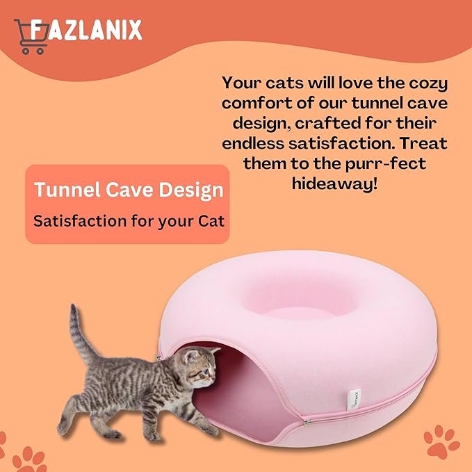 Medium Pink Pet Round Tunnel Cave | Toy Hiding Tent for Pets, Kittens, Rabbits, Puppies | Flexible Zipper Detachable Design Size 50x50x20cm, 0.72 Kg
