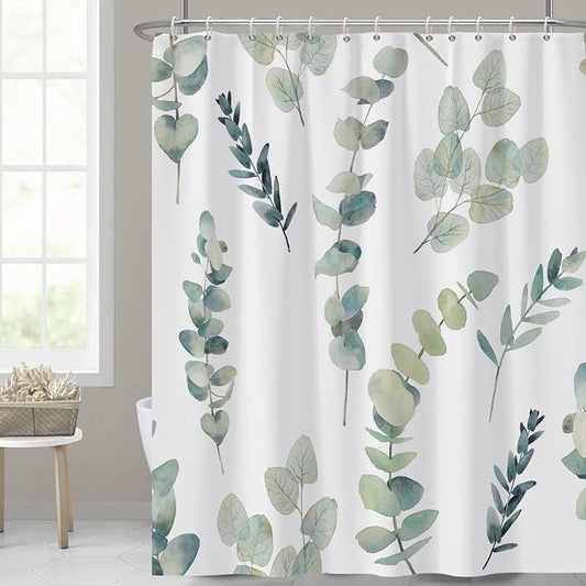 AWERT Shower Curtain Green Plants for Bathroom Waterproof Quick-Drying Eucalyptus Leaves Shower Curtain Set with Hooks 60x72 Inch