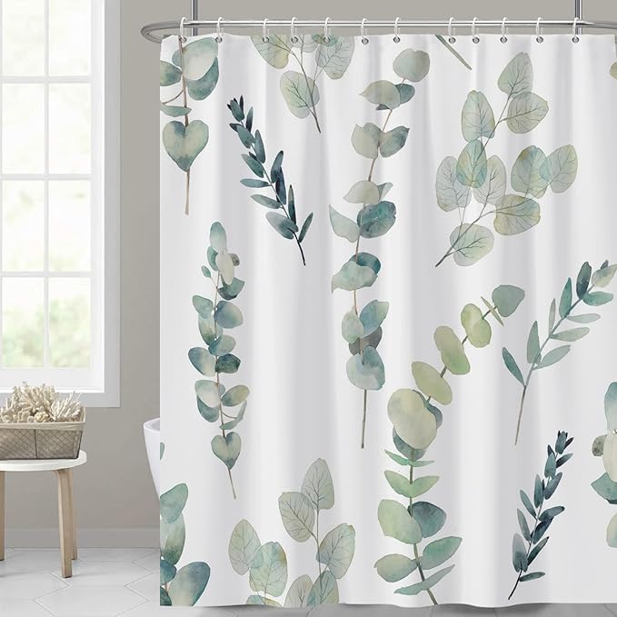 AWERT Shower Curtain Green Plants for Bathroom Waterproof Quick-Drying Eucalyptus Leaves Shower Curtain Set with Hooks 72x78 Inch