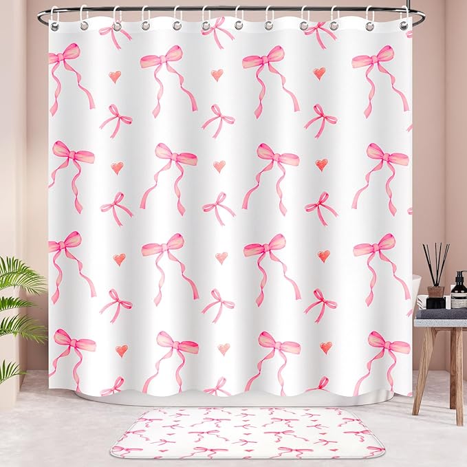 4Pcs Pink Bow Shower Curtains Set, Waterproof, 71”×71“ Washable Bathroom Decor with Non Slip Rugs, Toilet Lid Cover and Bath Mat, Cute Shower Curtain Suitable for Girly and Girls with 12 Hooks
