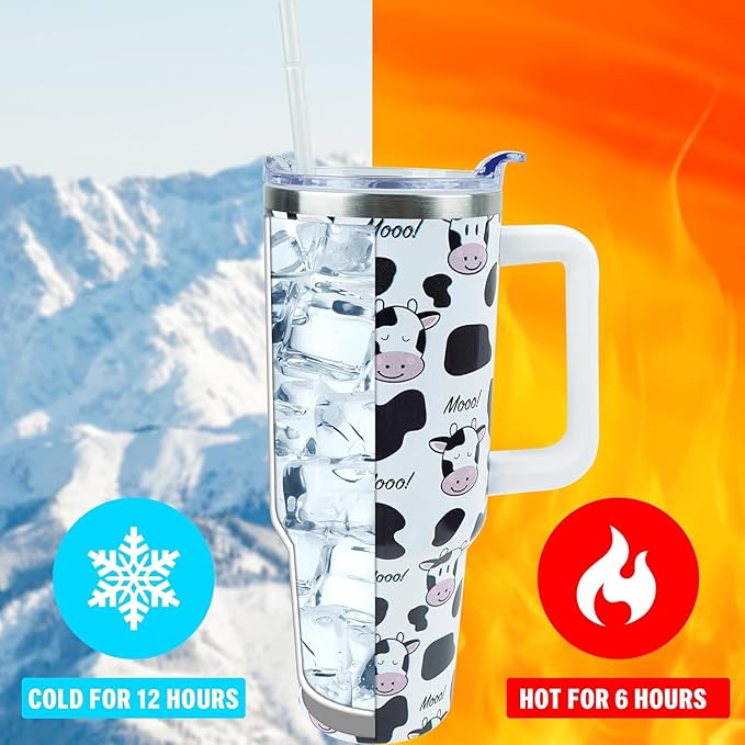 40 oz Tumbler with Handle and Straw, Stainless Steel Insulated Cup with Leak Proof Lid and Straw Lid, Keep Drinks Cold and Hot for Hours（Cow）
