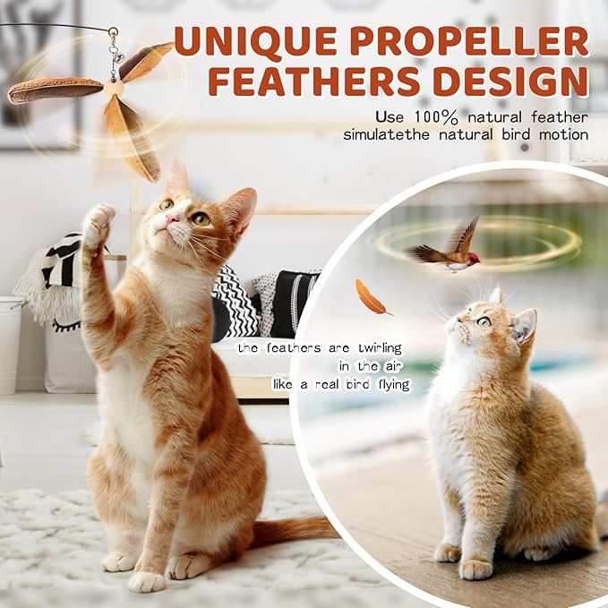 Cat Wand Toys, Interactive Cat Toys, 3 Nature Feather Refills, 35” Flexible Steel Wire, Sturdy Wood Handle and Bell, Cat Teaser Cat String Toy for Indoor Cats Kitten to Play Chase Exercise