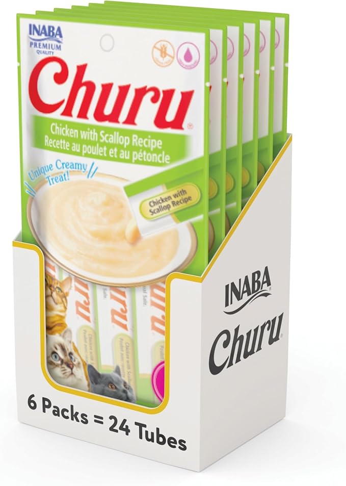 INABA Churu Cat Treats, Grain-Free, Lickable, Squeezable Creamy Purée Cat Treat/Topper with Vitamin E & Taurine, 0.5 Ounces Each Tube, 24 Tubes (4 per Pack), Chicken with Scallop Recipe