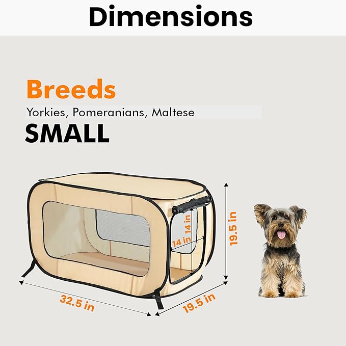 Beatrice Home Fashions Portable, Collapsible, Pop Up Kennel Travel Cat and Dog Crate, 32.5" L x 19.5" W x 19.5" H, Beige