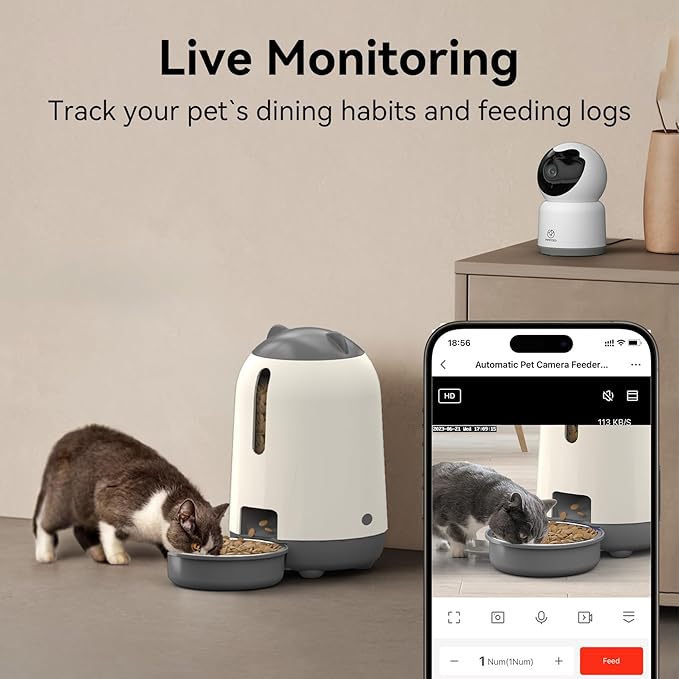 Smart Automatic Cat feeders(2.4G WiFi) and External Camera(2.4/5G WiFi), WiFi Pet Feeder with APP, 1080P HD Video with Enhanced IR Night Vision,Blue-Tooth Link Function&Cloud Storage(Gray)