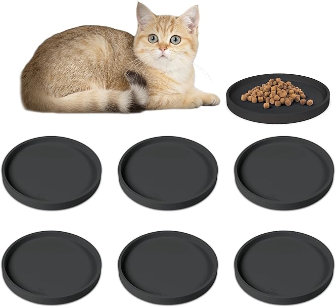 Arespark Pet Silicone Food Mat, Set of 6 Nonslip Waterproof Feeding Bowl Mat with Raised Edges for Food and Water Prevent Spills, Round Eating Tray for Dog Cat Puppy Kitten, 6'' x 6''