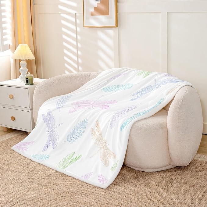 Dragonfly Fleece Throw Blanket for Sofa Couch Bed Ornamental Dragonfly Printed Plush Blanket s Animal Pattern Sherpa Blanket Room Decor Floral Elements Fuzzy Blanket Baby 30x40 Inch