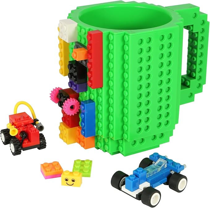 Build-on Brick Coffee Mug, Funny DIY Novelty Cup with Building Blocks Creative for Kids Men Women Xmas Birthday (Green)