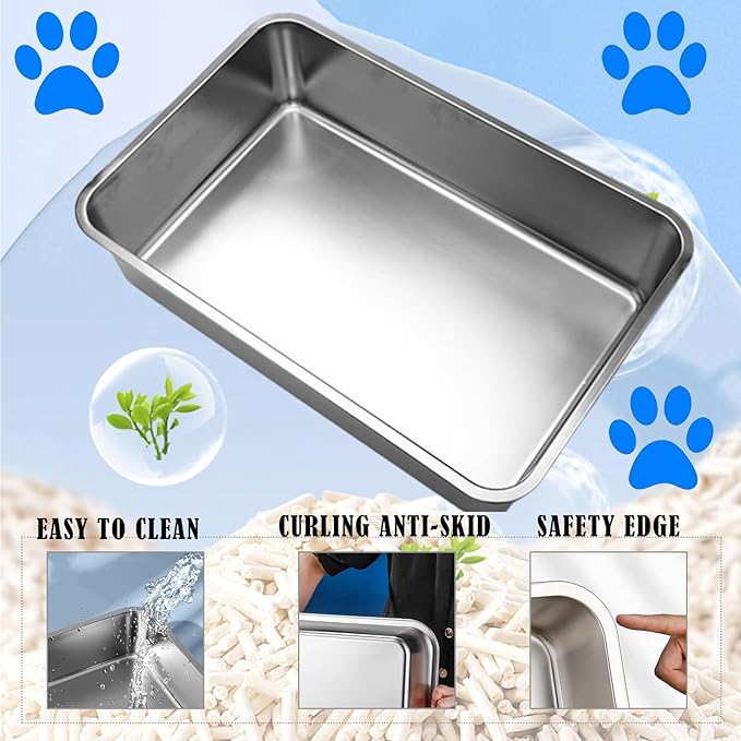 2 Pack Stainless Steel Cat Litter Box with High Sides, Metal Litter Box Non Stick Litter Pan and Pet Toilet for Cats, Kitten, Rabbits, 17.5 x 13.5 x 6 Inch