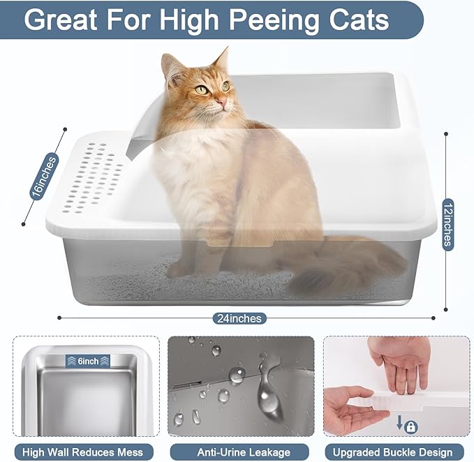 2 Pack Stainless Steel Cat Litter Box, XL Extra Large Cat Litter Box with Lid, Cat Litter Box High Sided, Easy to Clean, Enclosed Metal Cat Litter Pan for Multiple Cats(Grey Coated)