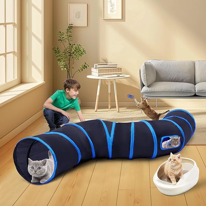 Cat Tunnels for Indoor Cats with Cube Tent Toys Combo, Pop Up Collapsible Crinkle Interactive Peek Hole, Cat Tube with Play Ball,Bell and Cat Spring Toys for Kitten, Puppy, Kitty, Rabbit - Set of 3