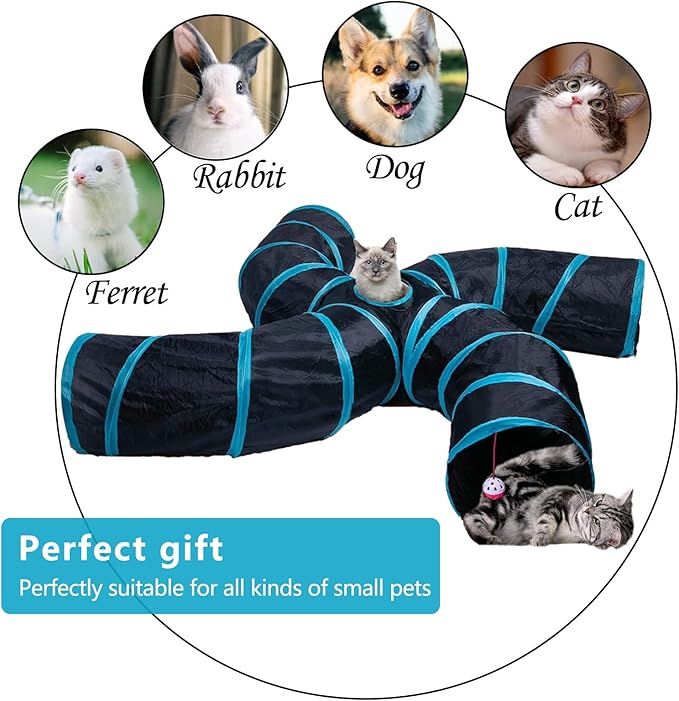 EGETOTA Cat Tunnel for Indoor Cats Large, with Play Ball S-Shape 4 Way Collapsible Interactive Peek Hole Pet Tube Toys, Puppy, Kitty, Kitten, Rabbit (S4 - Black & Blue)
