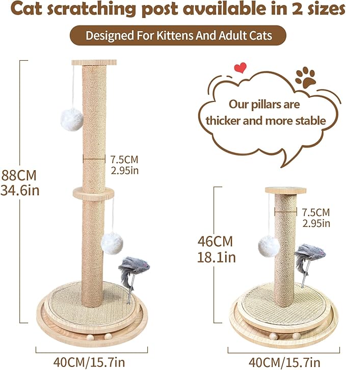 Cat Scratching Post Sisal Scratch Posts with Solid Wood Tracking Interactive Toys Vertical Scratcher,Spring Mouse and Scratch Board Interactive cat Toys for Indoor Cats and Kittens-
