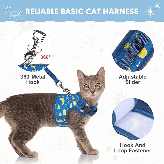 BINGPET Cat Harness with Leash Escape Proof - Fashionable Mesh Cat Dog Walking Harness Leads, Adjustable for Kitties Puppies Small Animals,Galaxy,L