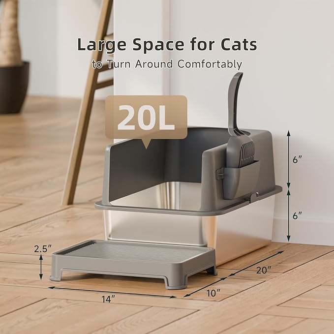 High-Sided Stainless Steel Cat Litter Box,Stainless Steel Litter Box with Lid,Extra Large Litter Box,Easy-to-Clean Metal Litter Pan for Cats (20''L X 14''W X 12''H with Scoop&mat)