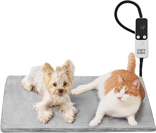 EHEYCIGA Heated Cat Bed Indoor, 6 Adjustable Temperature Dog Cat Heating Pad with Timer, Pet Heating Pad for Cats with Chew Resistant Cord, Waterproof Cat Heating Pad for Winter, 28"x16", Grey