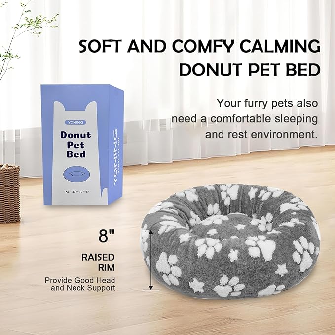 Donut Dog Beds for Medium Dogs, Calming Round Cat Beds for Indoor Cats, Cute 3D Textured Paw Pet Bed with Removable Washable Cover and Anti-Slip Bottom（Grey，30"）