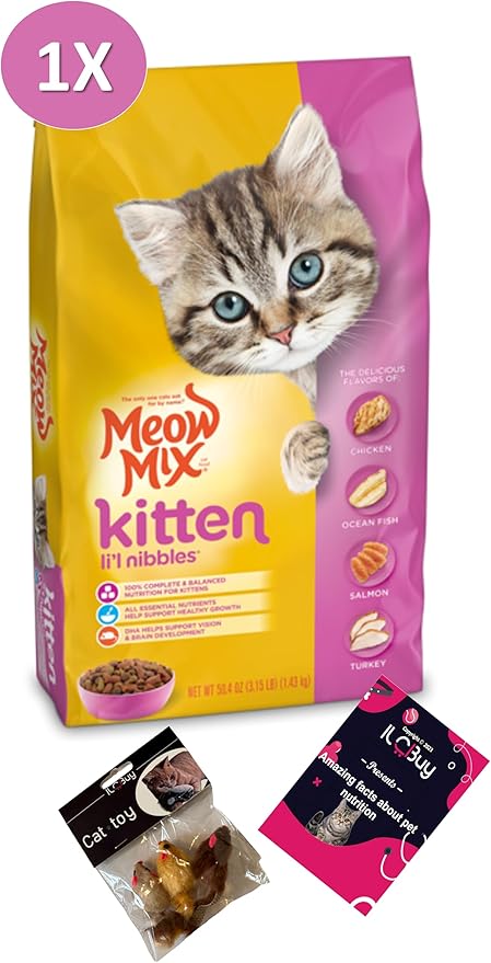 Meo Mix cat Food Dry Bundle, Includes 01 Bag Meo Mix Kitten (3.15 lb), 01 kit with 3 Mouse Toys and a Booklet.
