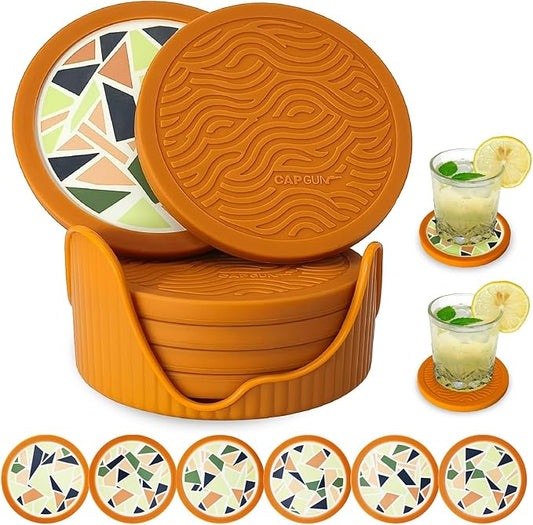 6-Pack Terazzo Silicone Coasters with Deep Tray Holder - Double-Sided Drink Coasters - Beverage Mats for Hot or Cold Drinks - Thick, Non-Slip, Non-Stick Silicone with Ceramic Insert