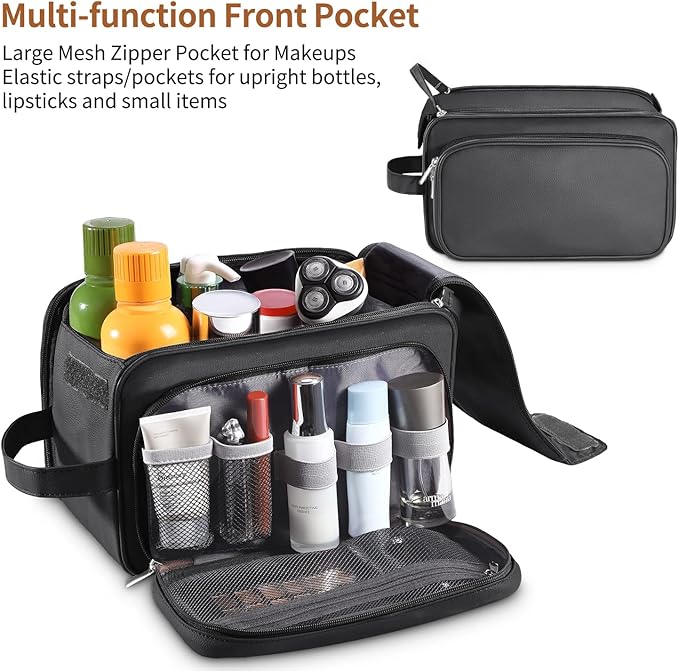 Buruis Extra Large Toiletry Bag for Men, Travel Toiletry Organizer Dopp Kit Water-resistant Shaving Bags, PU Leather Cosmetic Bathroom Shower Bag for Toiletries, Grooming, Accessories (Black)